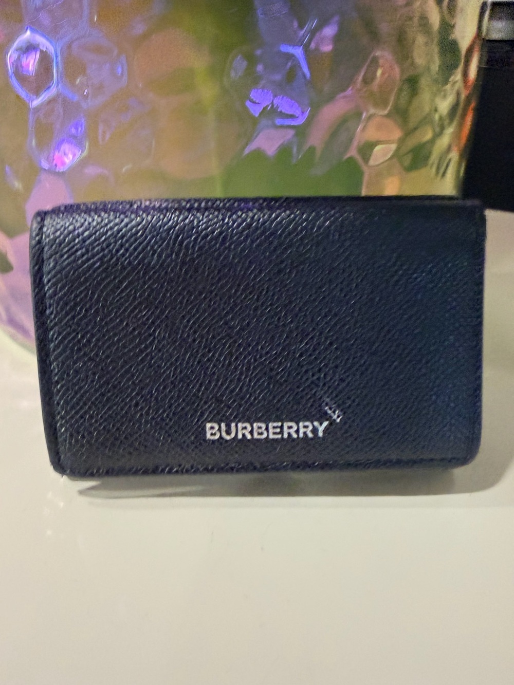 Burberry Black Textured Leather wallet trifold Card Holder with Silver Logo